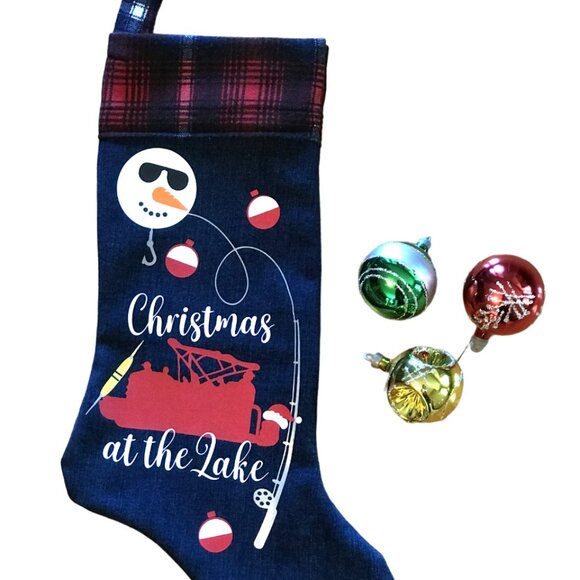 Recycled Denim Christmas Stocking: Lake Cabin Decor, Pontoon Fishing Boat - Picture 7 of 9